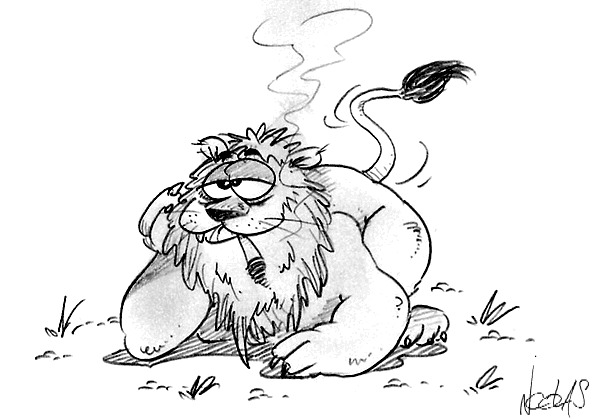 En attendant qu'on le capture, le lion fume tranquillement une cigarette