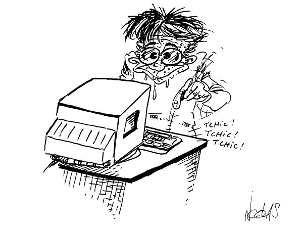 Dessin d'un informaticien geek en plein travail