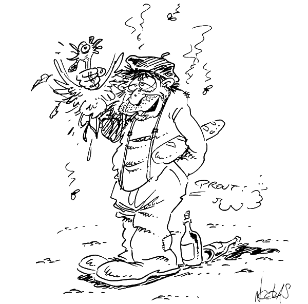 La caricature du Français : sale avec un béret, une baguette, une bouteille de vin et une poule