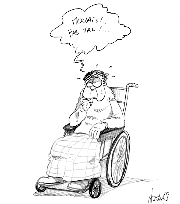 Un paraplégique en fauteuil écoute une blague