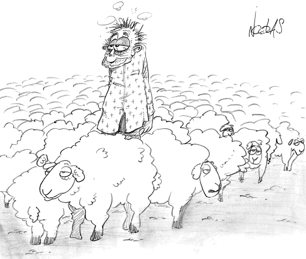 Dessin un homme endormi au milieu de moutons