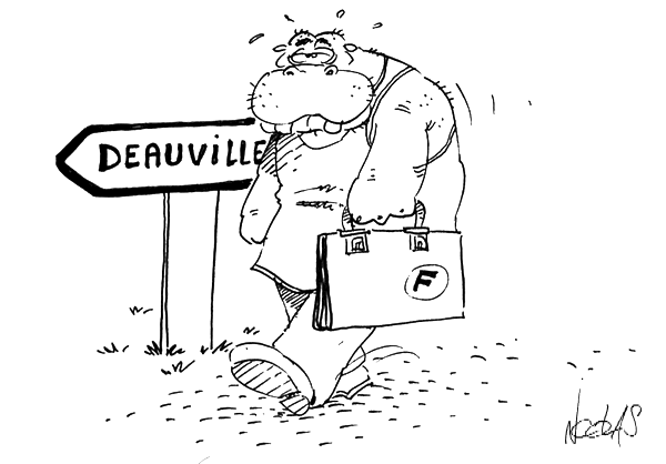 Dessin un hippopotame part en vacances à Deauville