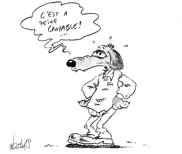 Dessin d'un chien habillé stupéfait par la blague