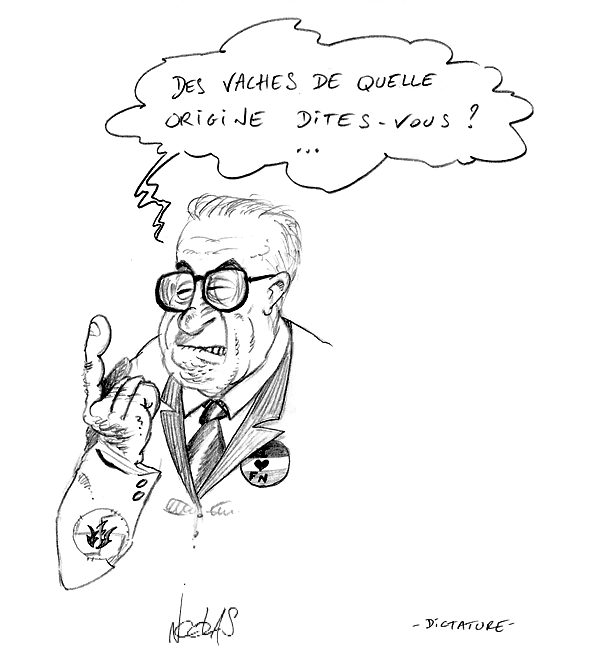 Caricature de Jean-Marie Le Pen qui interroge sur l'origine ethnique des vaches