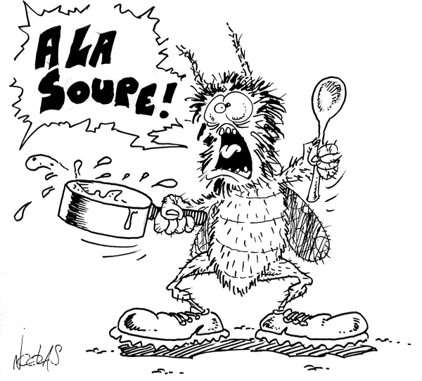 Dessin d'une mouche géante qui crie à la soupe