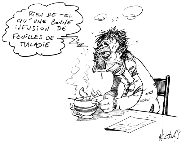 Dessin d'un homme qui se fait une infusion de feuilles de maladie