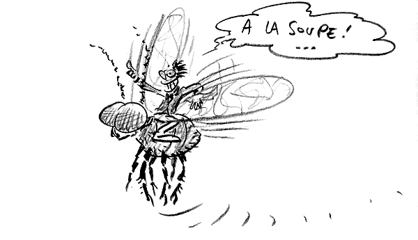 Dessin d'un homme chevauchant une mouche