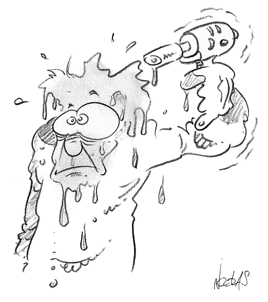 dessin humoristique d'un homme qui se sèche les cheveux avec un pistolet à peinture