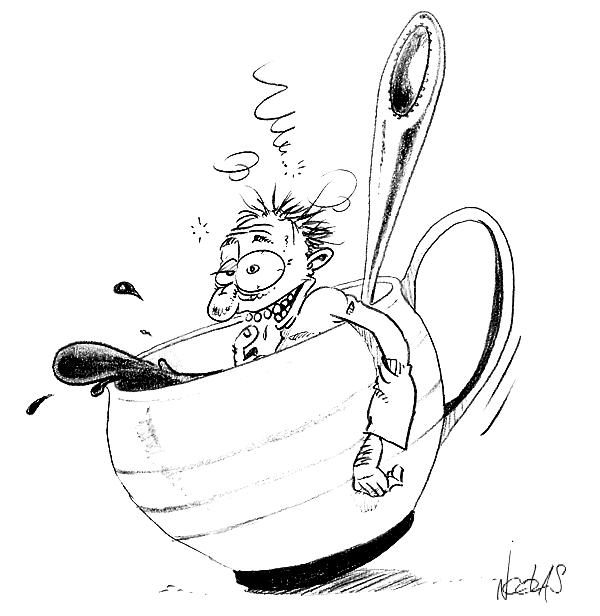 Dessin d'un fou dans une tasse de café