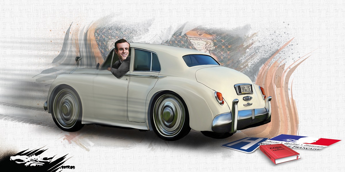 dessin d'Emmanuel Macron en voiture qui recule sur les acquis sociaux