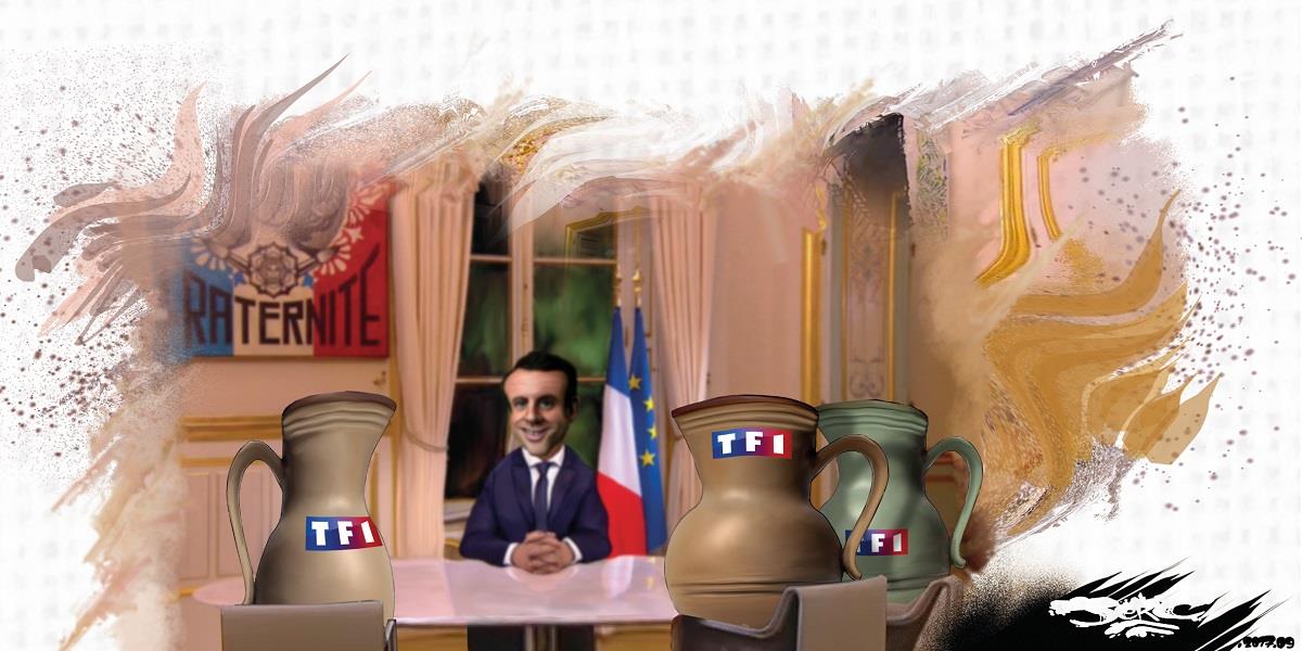 dessin d'Emmanuel Macron qui fait sa publicité pendant son interview