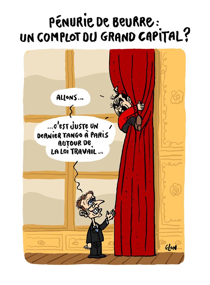 dessin d'Emmanuel Macron qui terrorise Philippe Martinez accroché aux rideaux