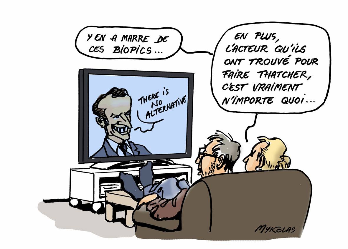 dessin de spectateurs qui regardent Emmanuel Macron à la télévision