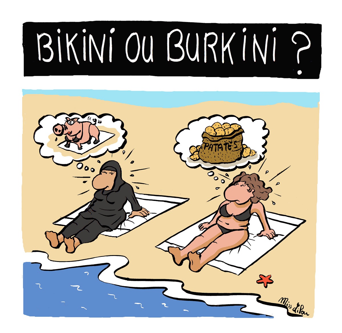 Dessin d'une femme en bikini et d'une femme en burkini sur une plage
