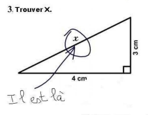 Copie drôle d'élève en mathématique, le x est perdu !