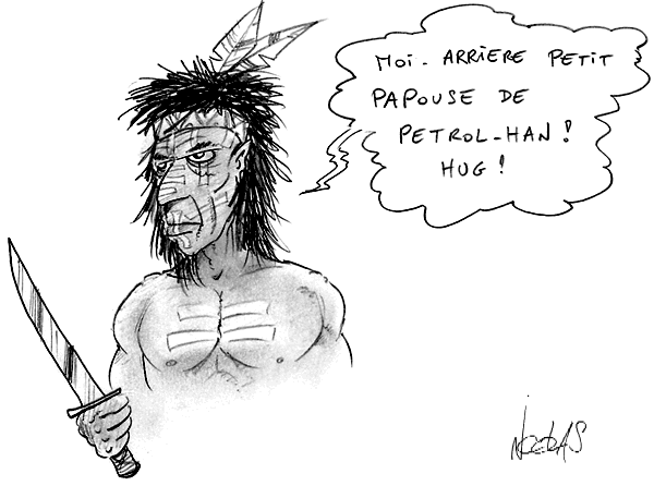 dessin humoristique d'un Indien qui s'apprête à scalper un cowboy