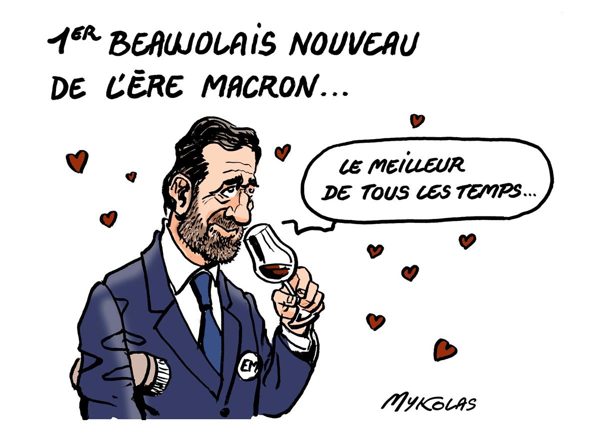 dessin humoristique de Philippe Castaner en train de goûter le premier Beaujolais de la Présidence Macron
