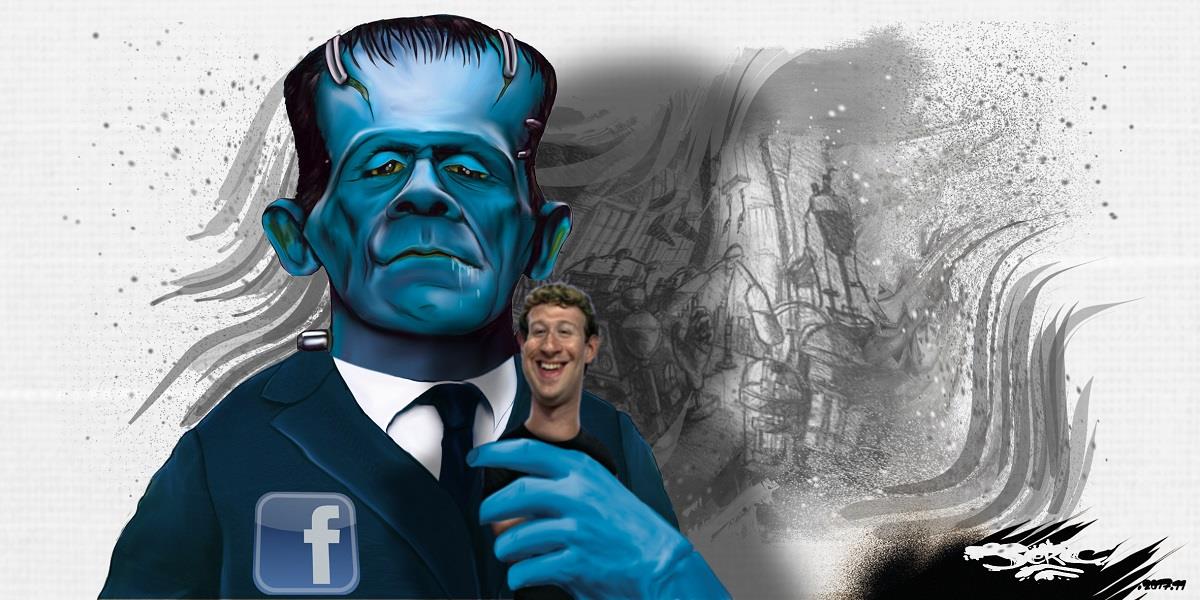 dessin humoristique de Facebook en monstre de Frankenstein tenant Mark Zuckerberg