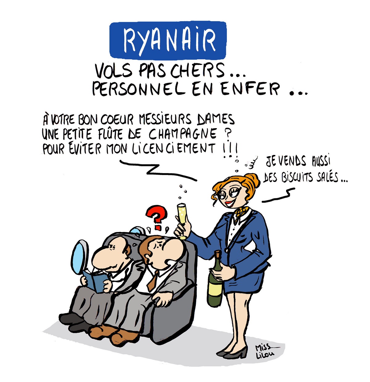 dessin humoristique d'une hôtesse de l'air de Ryanair