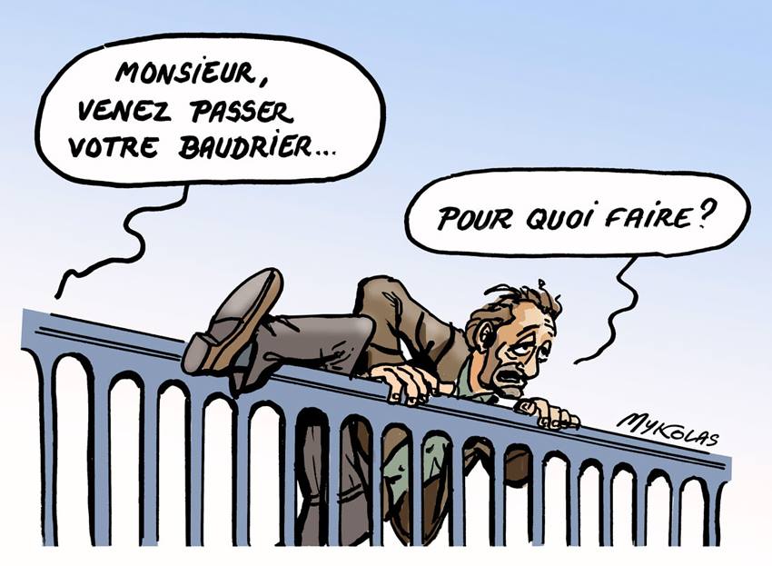 dessin humoristique d'un homme qui enjambe la rambarde d'un pont pour se suicider