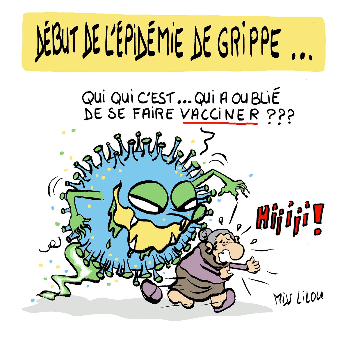 dessin humoristique d'un virus de la grippe poursuivant une personne âgée