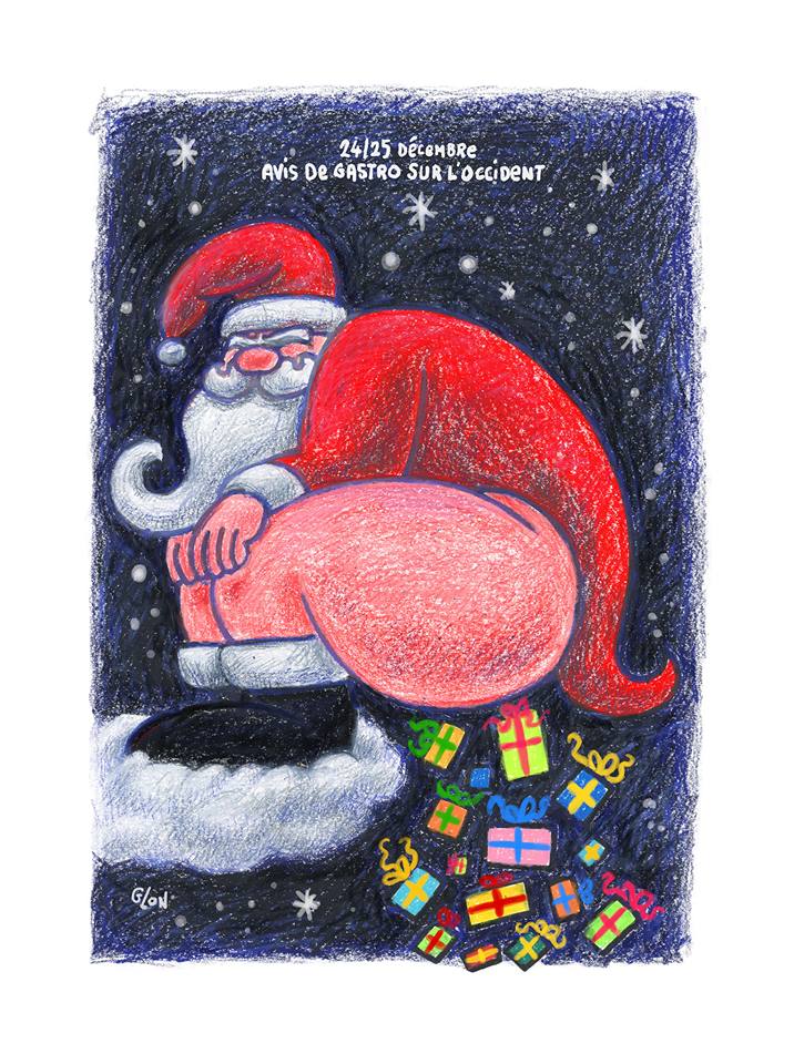 dessin humoristique du Père Noël qui défèque des cadeaux