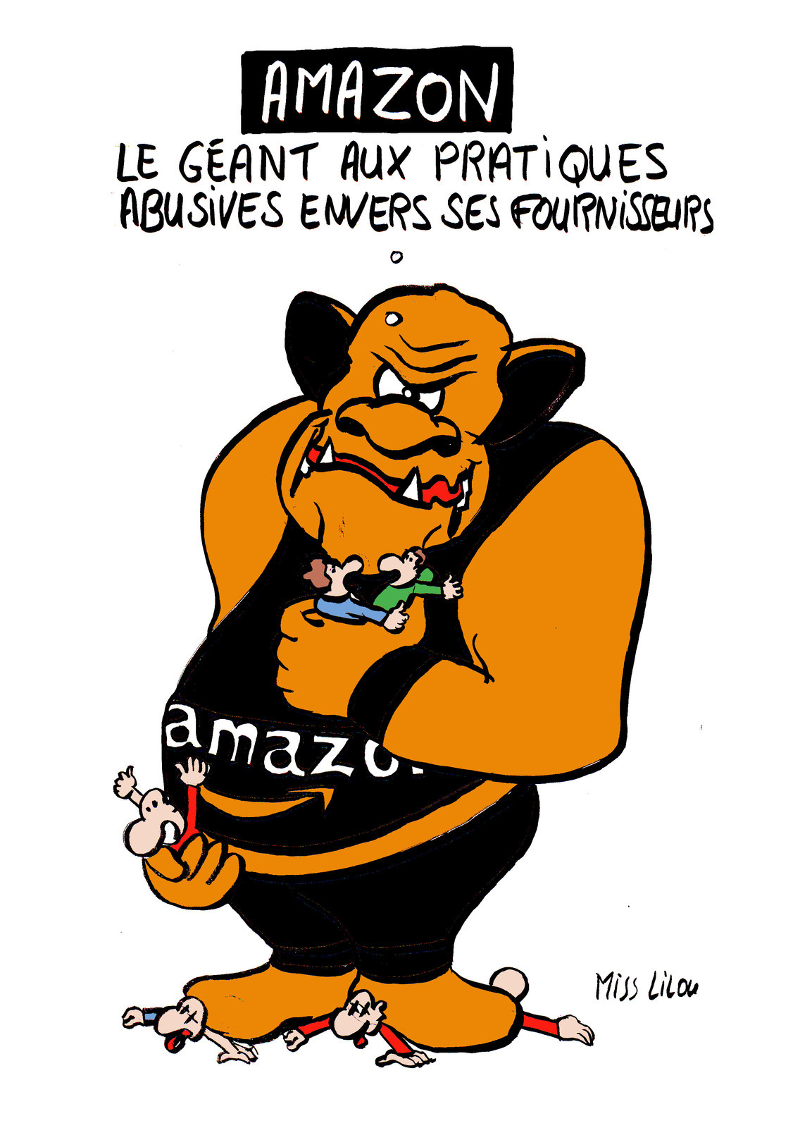 dessin humoristique du troll Amazon écrasant ses fournisseurs
