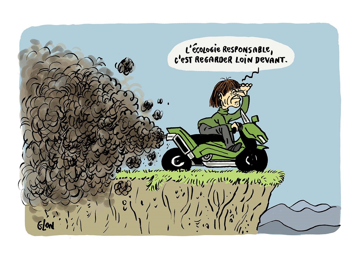 dessin humoristique de Nicolas Hulot au bord d'une falaise sur un scooter vert polluant