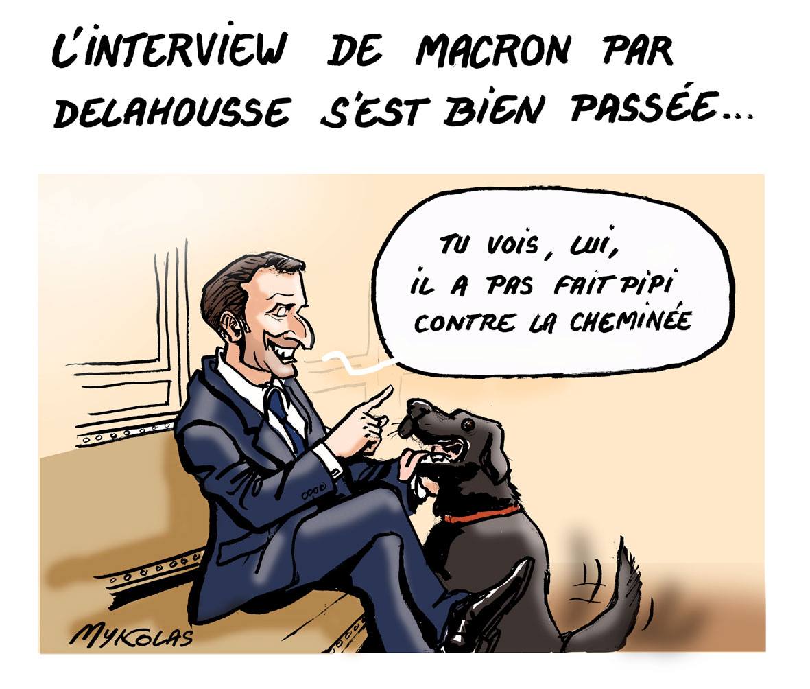 dessin humoristique d'Emmanuel Macron qui parle à son chien Nemo de l'intervieux de Laurent Delahousse