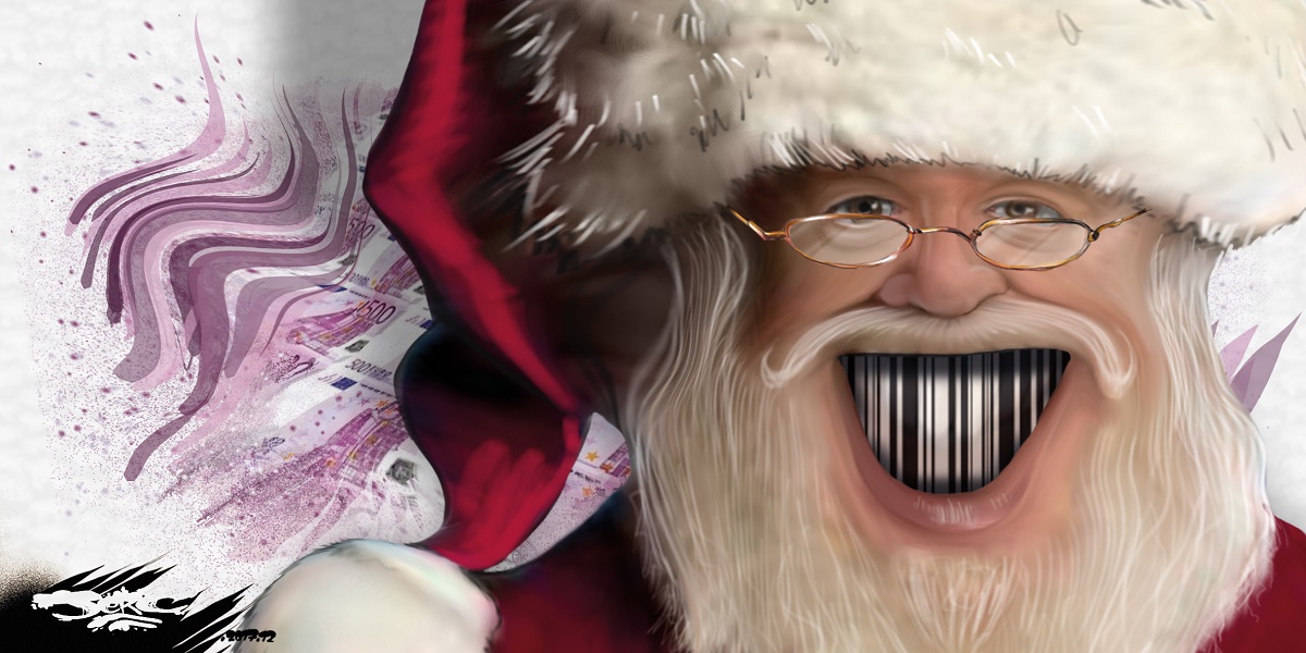 dessin humoristique du Père Noël affichant un sourire commercial en code-barre
