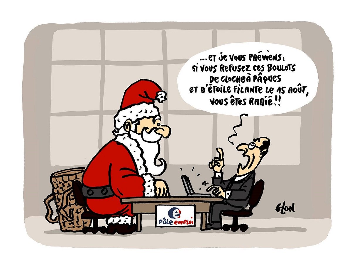 dessin humoristique du Père Noël face à un conseiller de Pôle Emploi