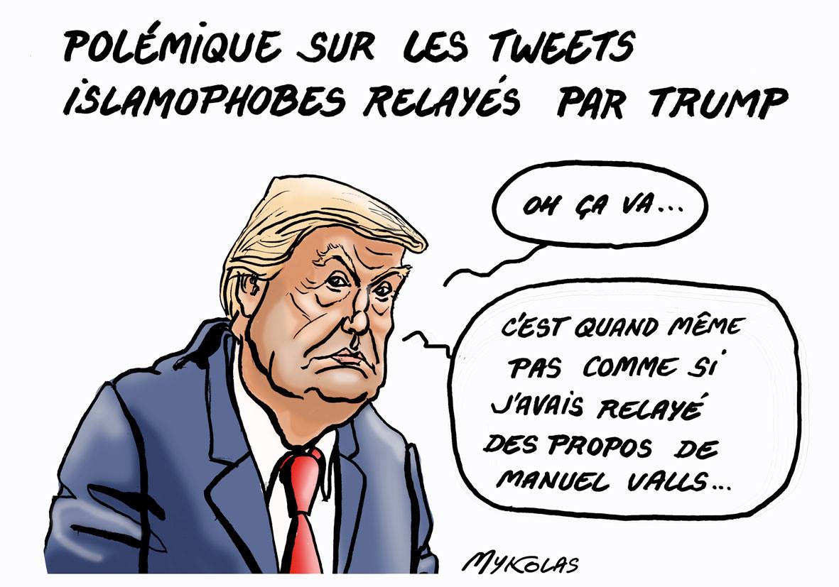 dessin drôle de Donald Trump se justifiant sur les tweets islamophobes
