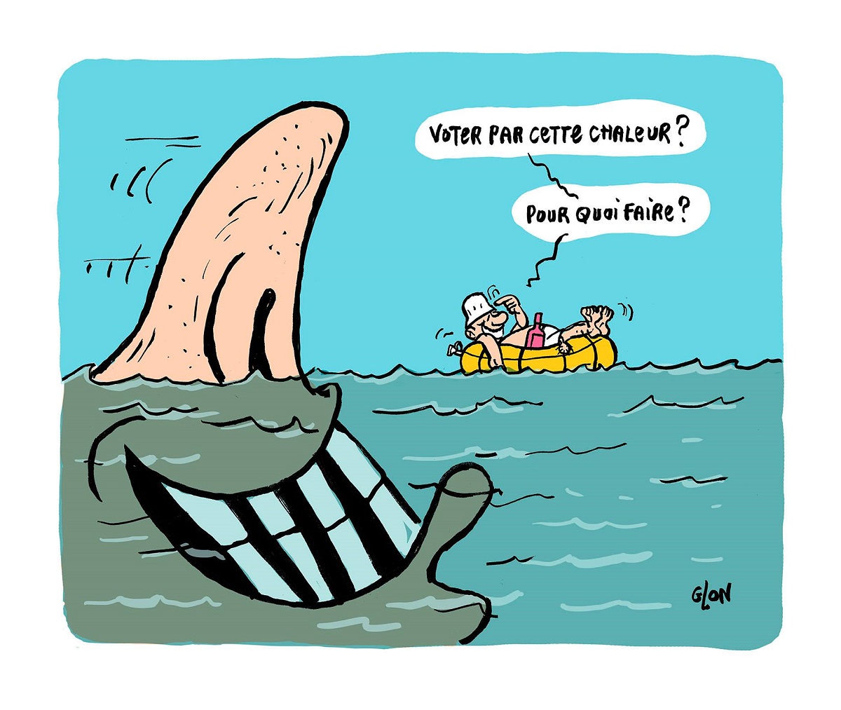 dessin humoristique d'un électeur à la mer menacé par Emmanuel Macron