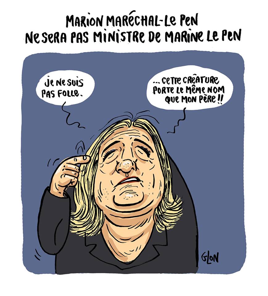 dessin drôle de Marine Le Pen qui parle de sa nièce Marion