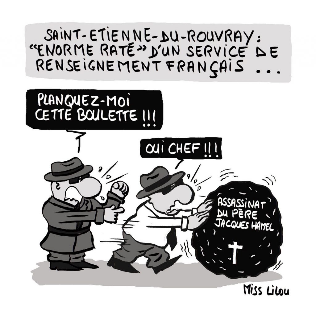 dessin humoristique des services de renseignement français en train de camoufler leur erreur