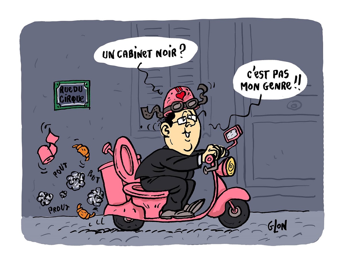 dessin humoristique de François Hollande sur un scooter rose en forme de cabinet