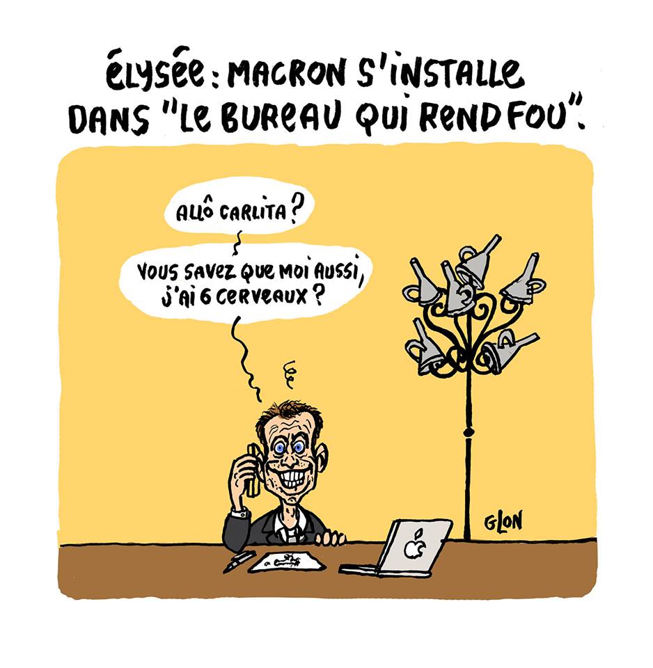 dessin humoristique d'Emmanuel Macron dans le "bureau qui rend fou"