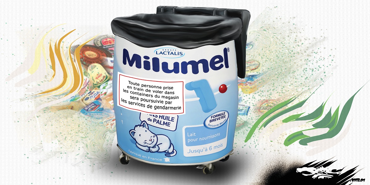 dessin humoristique d'une boîte de lait Milumel de Lactalis - container poubelle