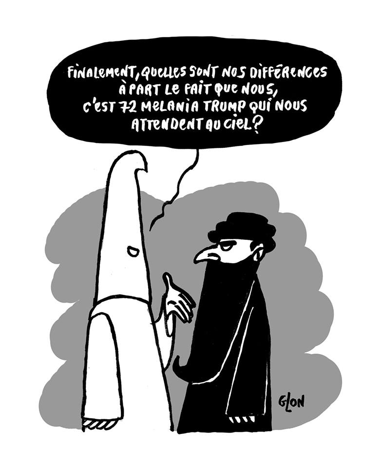 dessin humoristique d'un membre du Ku Klux Klan parlant à un islamiste intégriste
