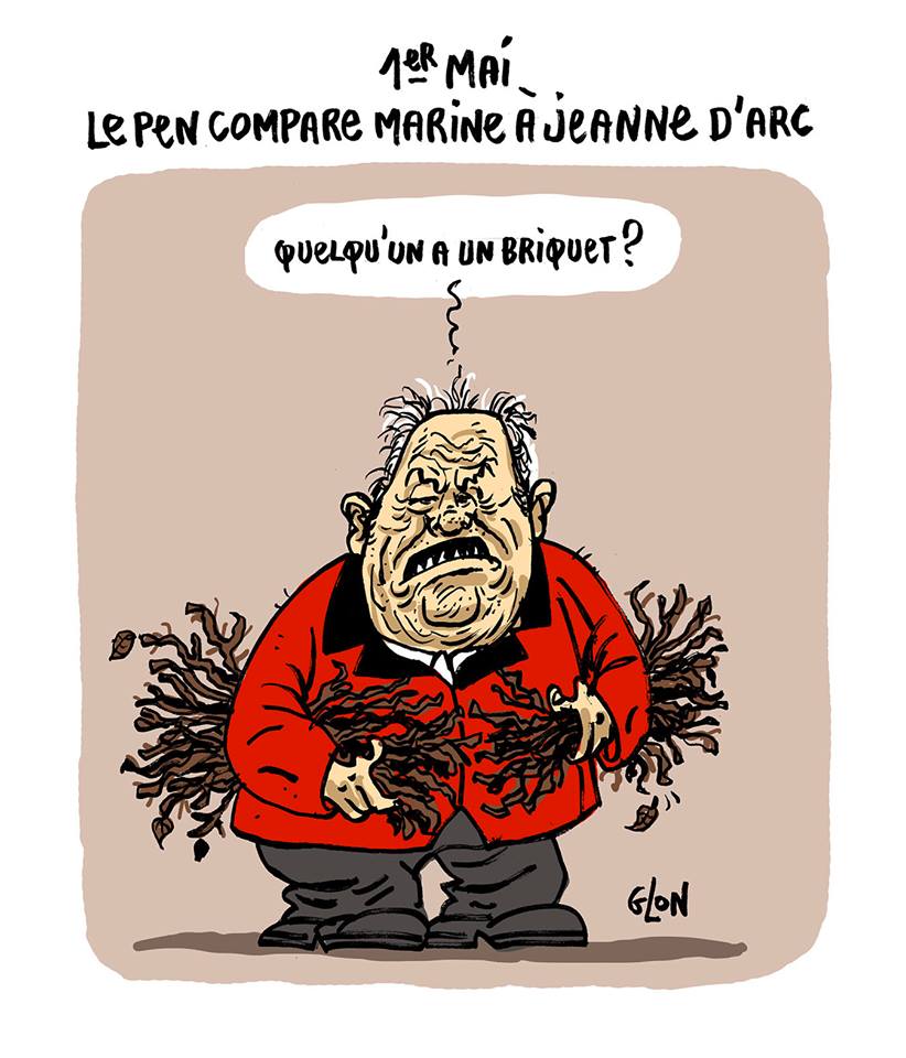 dessin humoristique de Jean-Marie Le Pen transportant des fagots de bois pour brûler sa fille Marine Le Pen