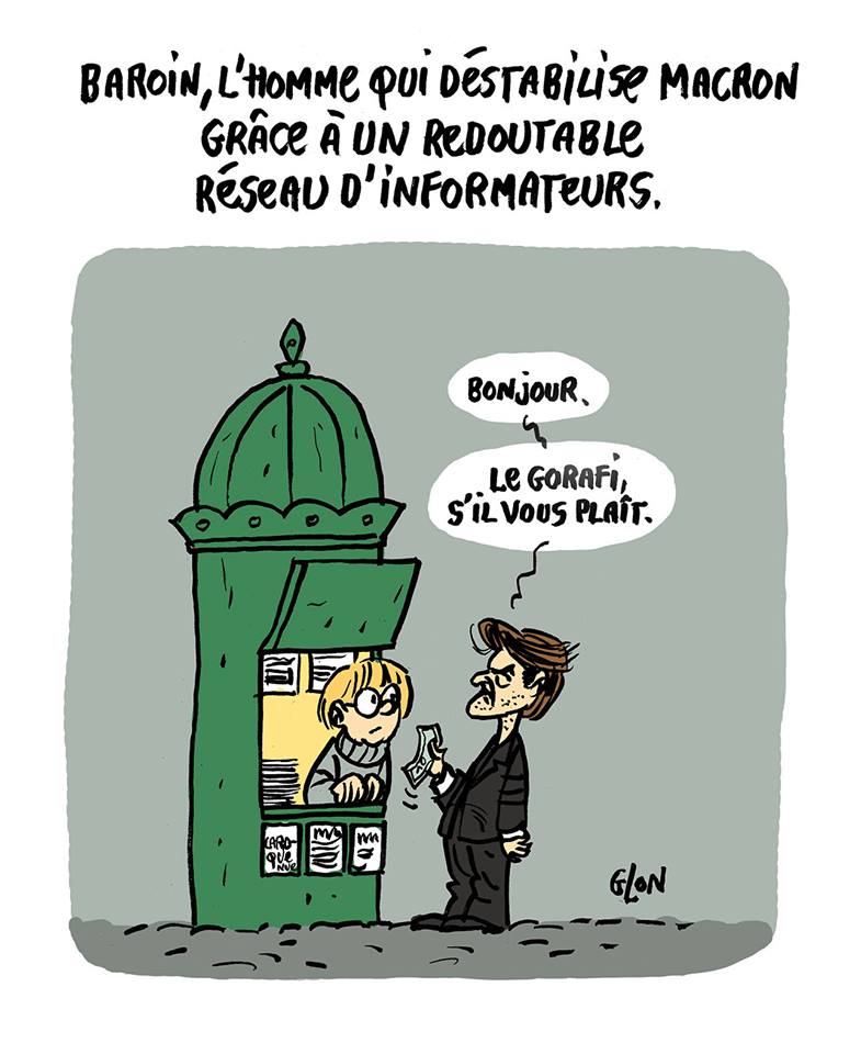 dessin humoristique de François Baroin qui demande le Gorafi à un kiosque à journaux
