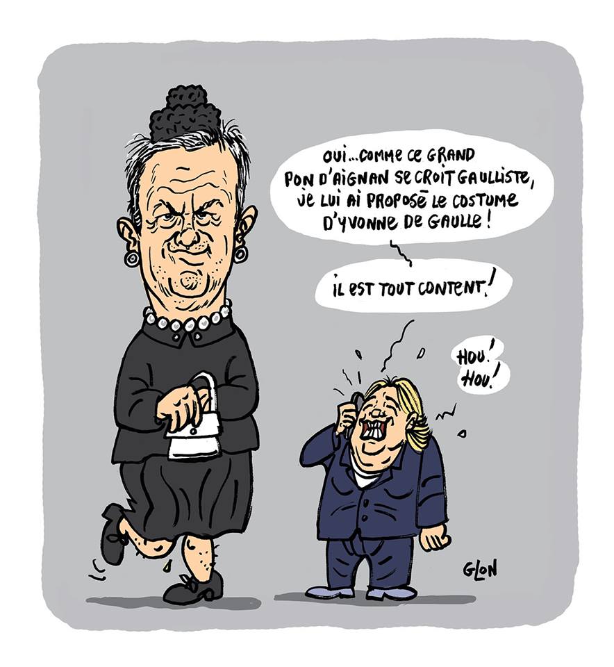dessin humoristique de Marine Le Pen et Nicolas Dupont-Aignan déguisé en Yvonne De Gaulle
