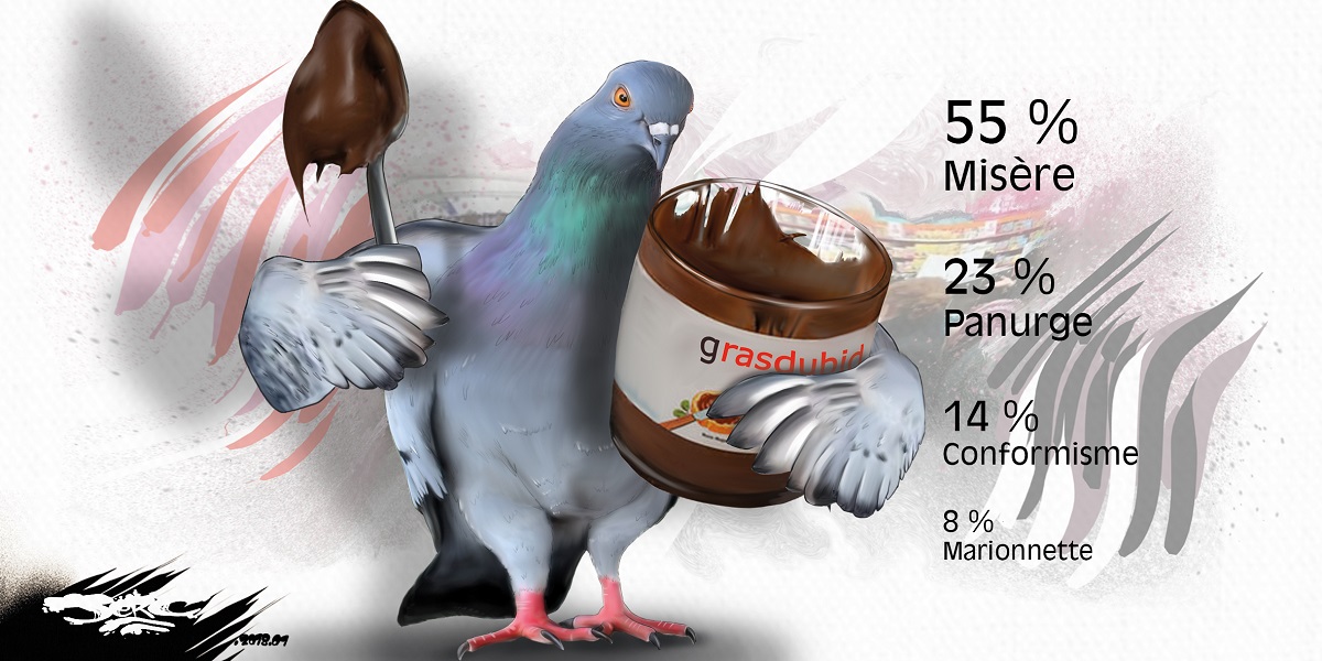 dessin humoristique d'un consommateur pigeon mangeant du Nutella