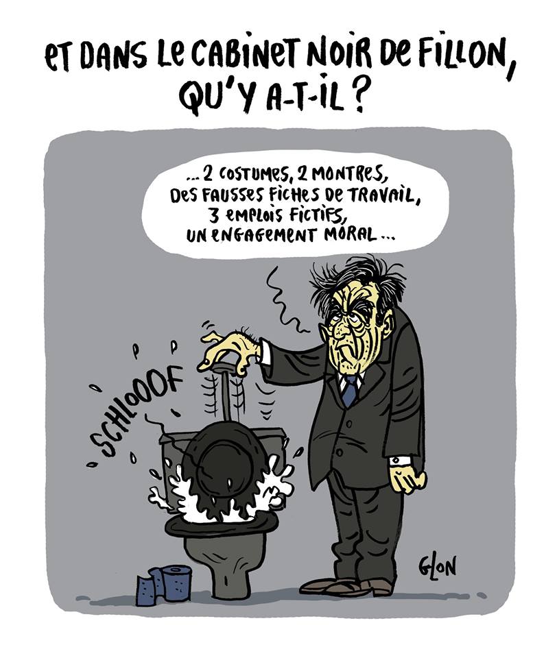 dessin humoristique de François Fillon qui jette ses principes moraux aux toilettes