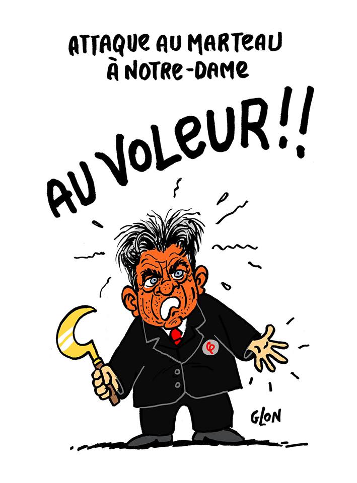 dessin humoristique de Jean-Luc Mélenchon qui vient de se faire voler son marteau