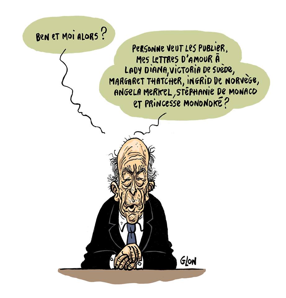 dessin humoristique de Valéry Giscard d'Estaing dépité que l'on ne publie pas ses lettres d'amour