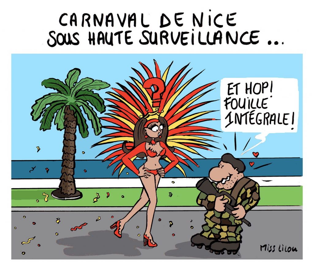 dessin humoristique d'un militaire qui veut fouiller une jeune femme pendant le carnaval de Nice