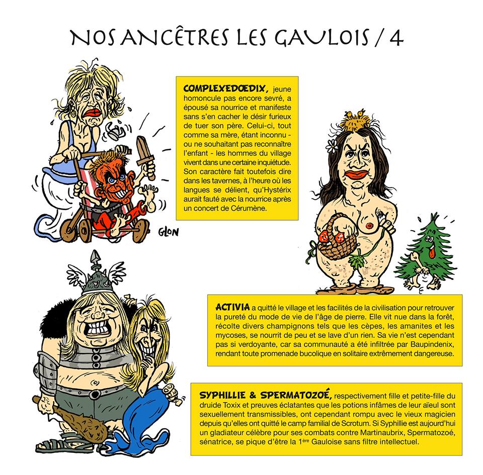 dessin humoristique des politiques français en habitants du village gaulois d'Astérix