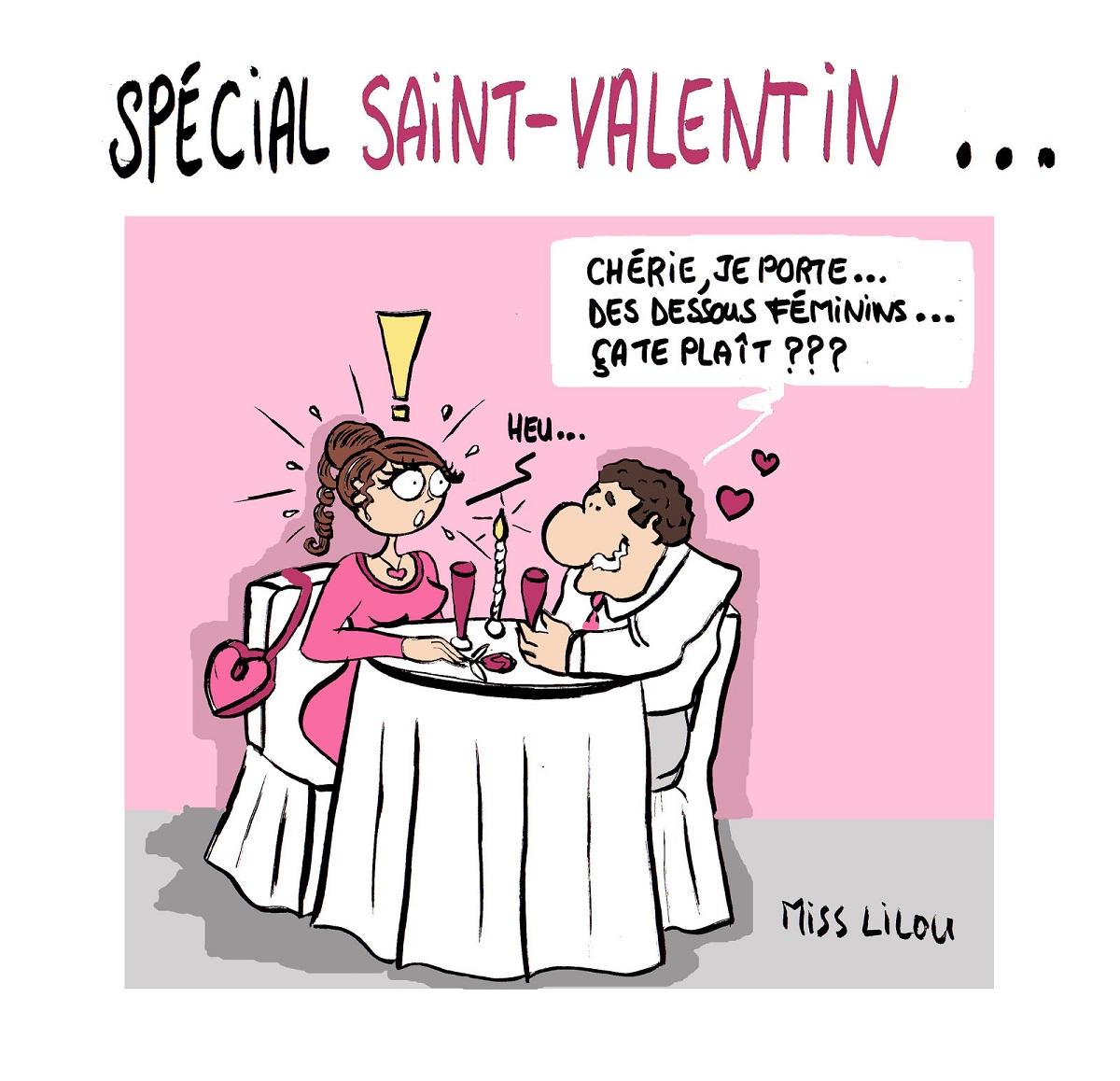 dessin humoristique d'un couple en amoureux à la Saint-Valentin