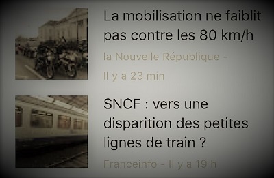 copie d'écran d'actualités parlant de la limitation à 80 km/h et du démantèlement de la SNCF